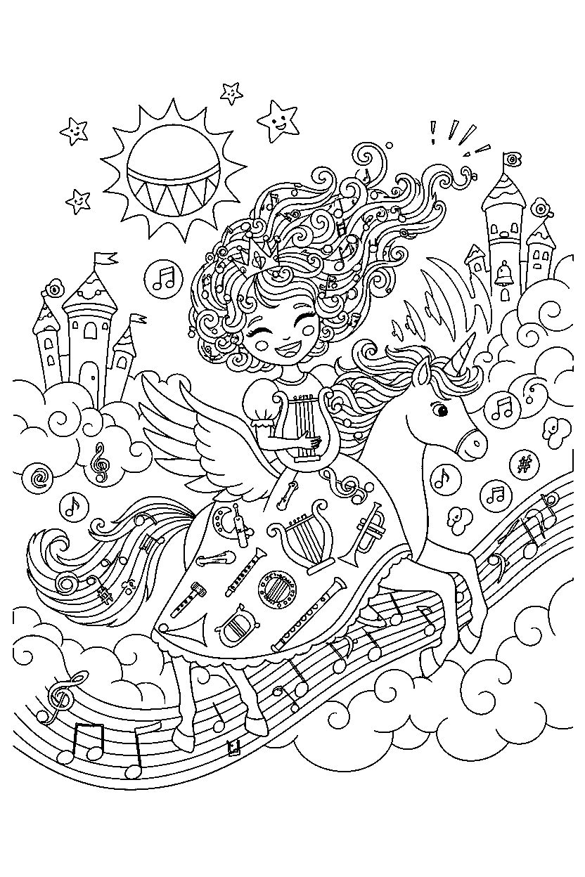 music princess riding happily in a dreamy kingdom line art