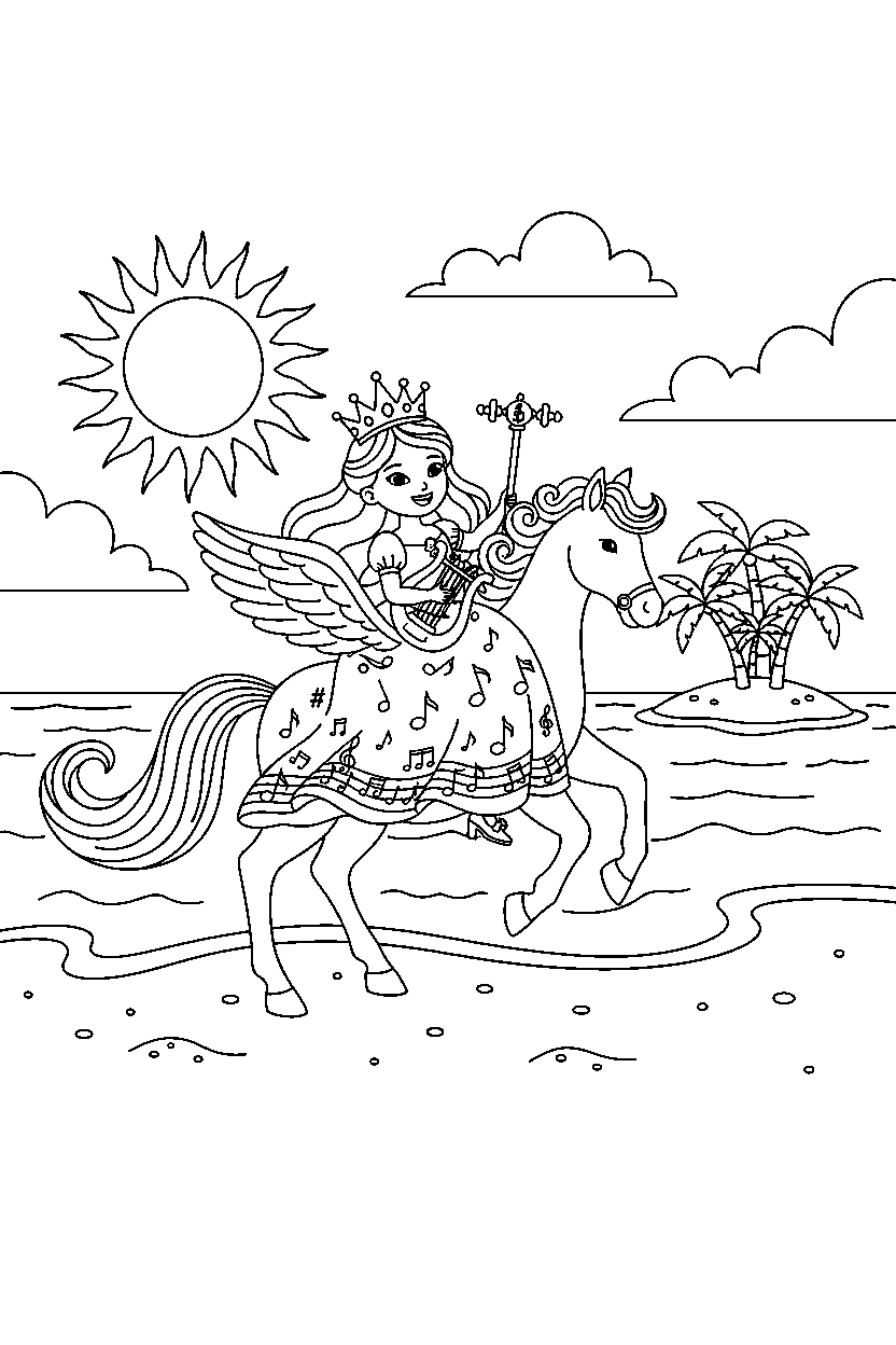 music princess riding happily on a sunny beach line art