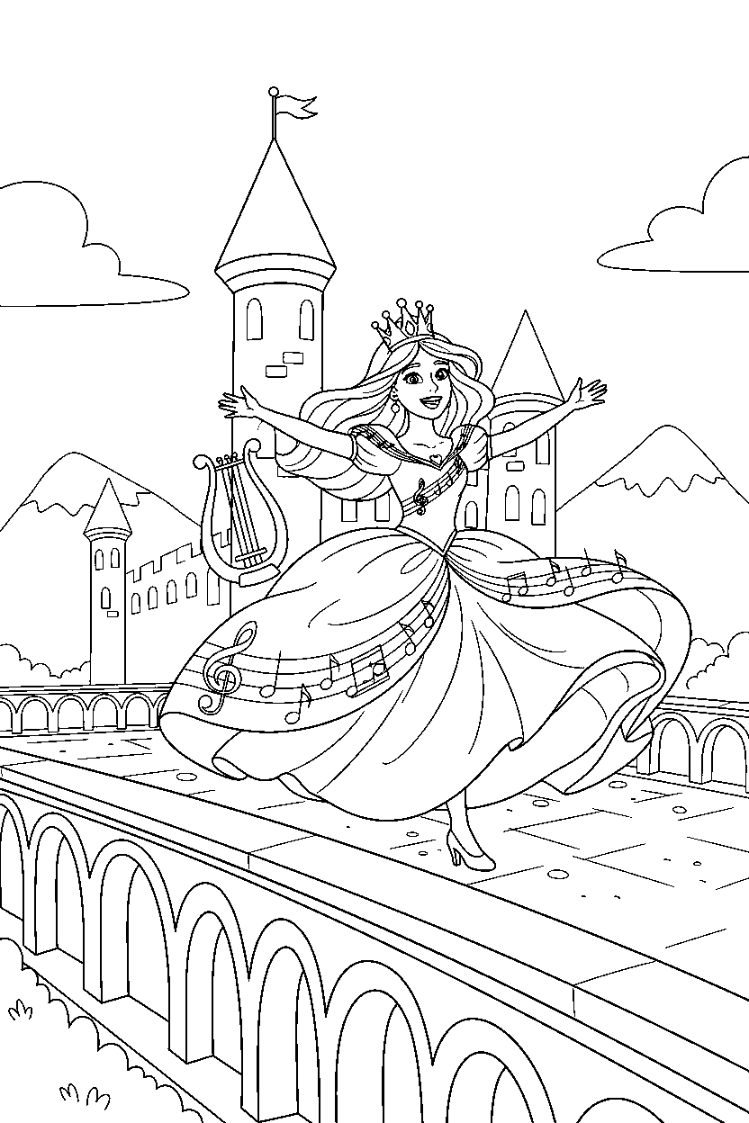 music princess running happily on a castle balcony line art
