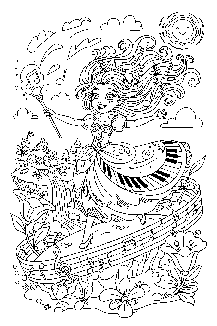music princess running happily on a magical island line art