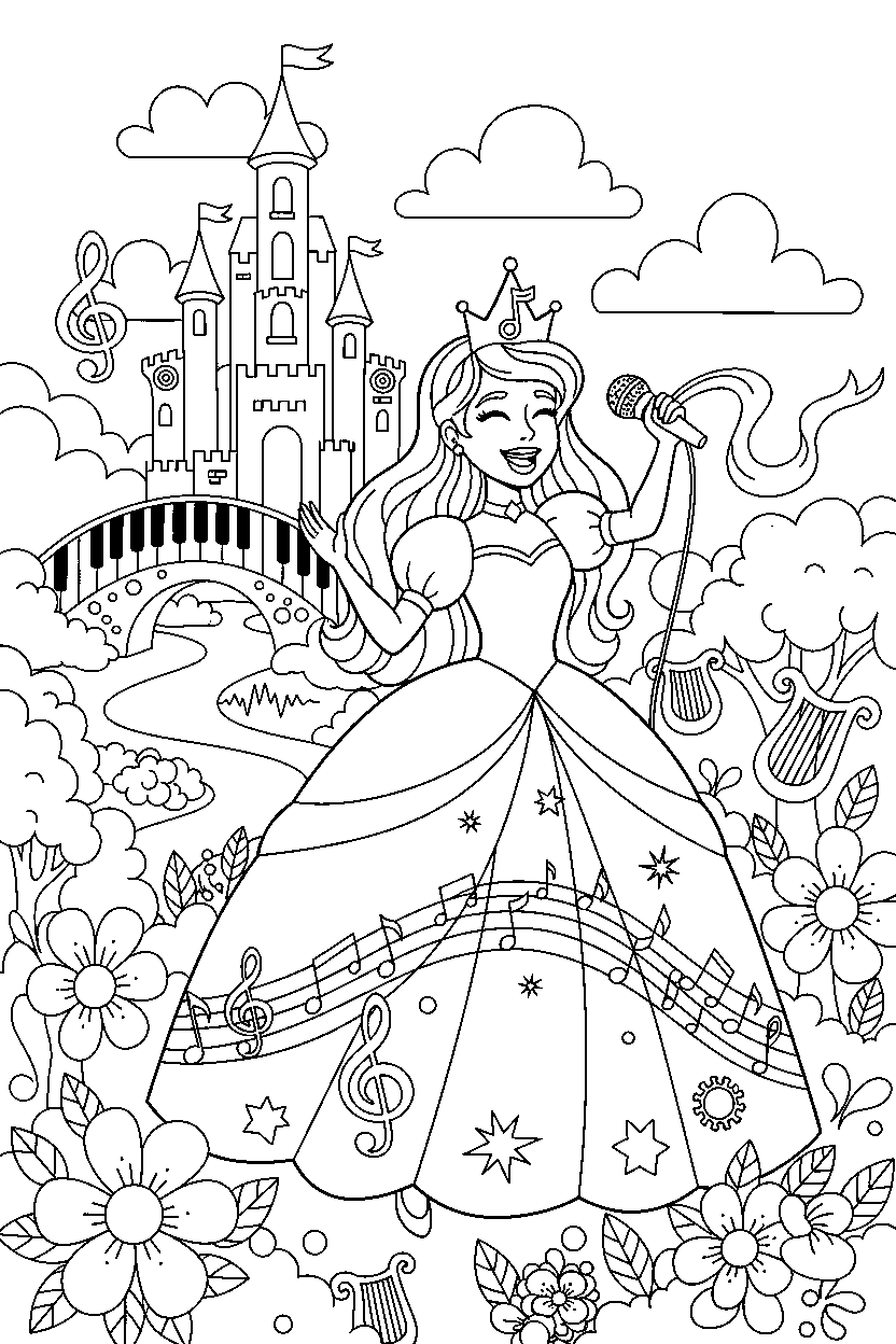 music princess singing happily in a dreamy kingdom line art