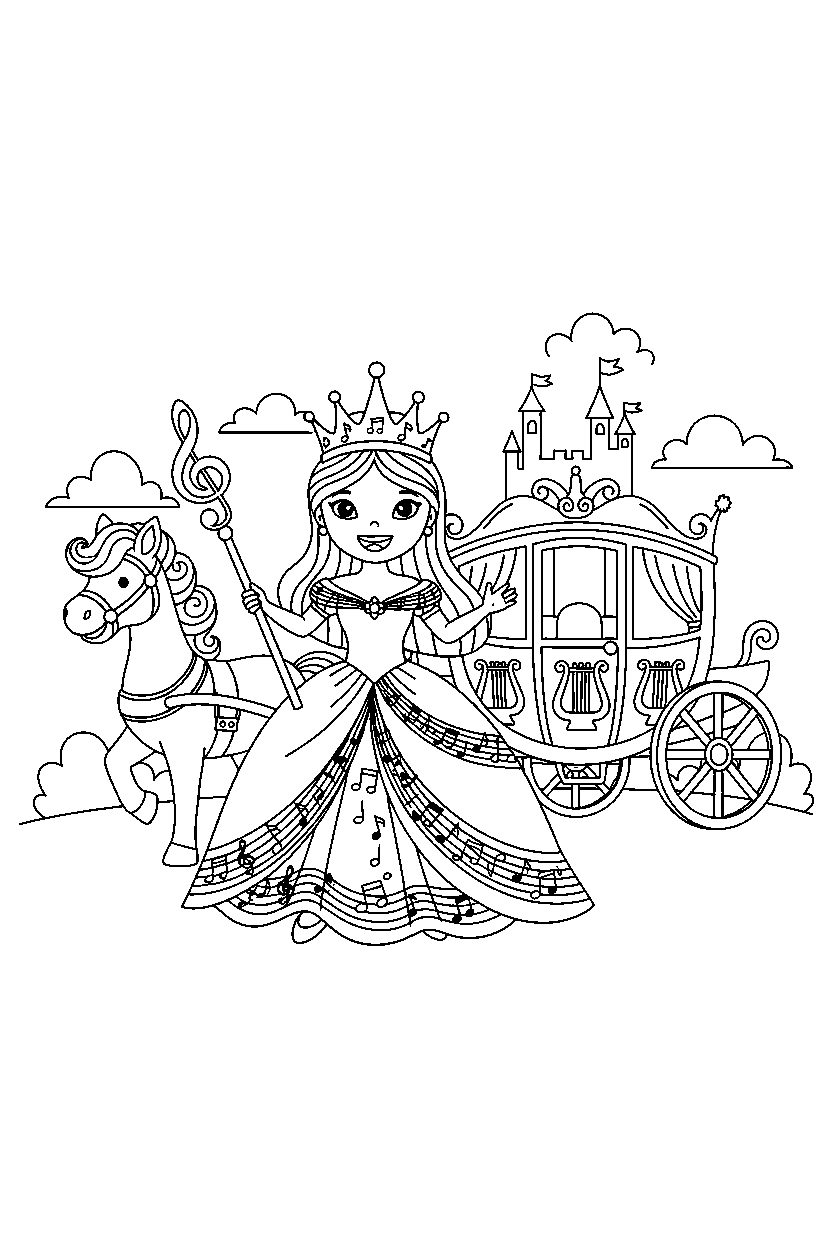music princess walking happily near a royal carriage line art