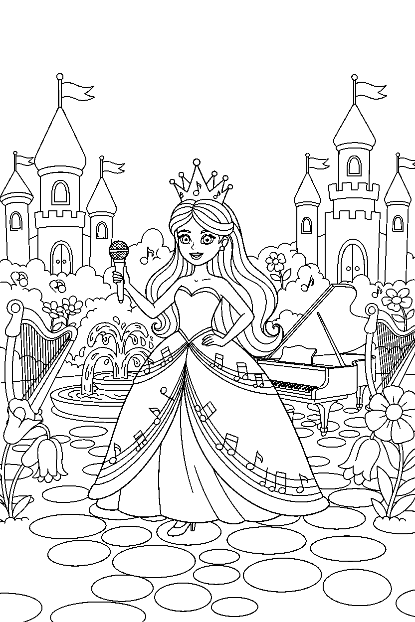 music princess walking proudly in a magical kingdom square line art
