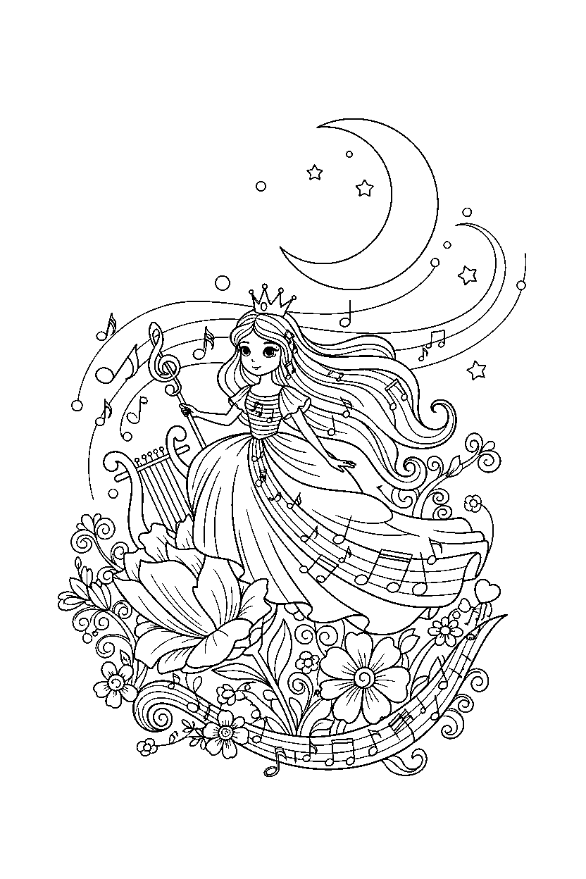 music princess watching the moon in a magic flower field line art