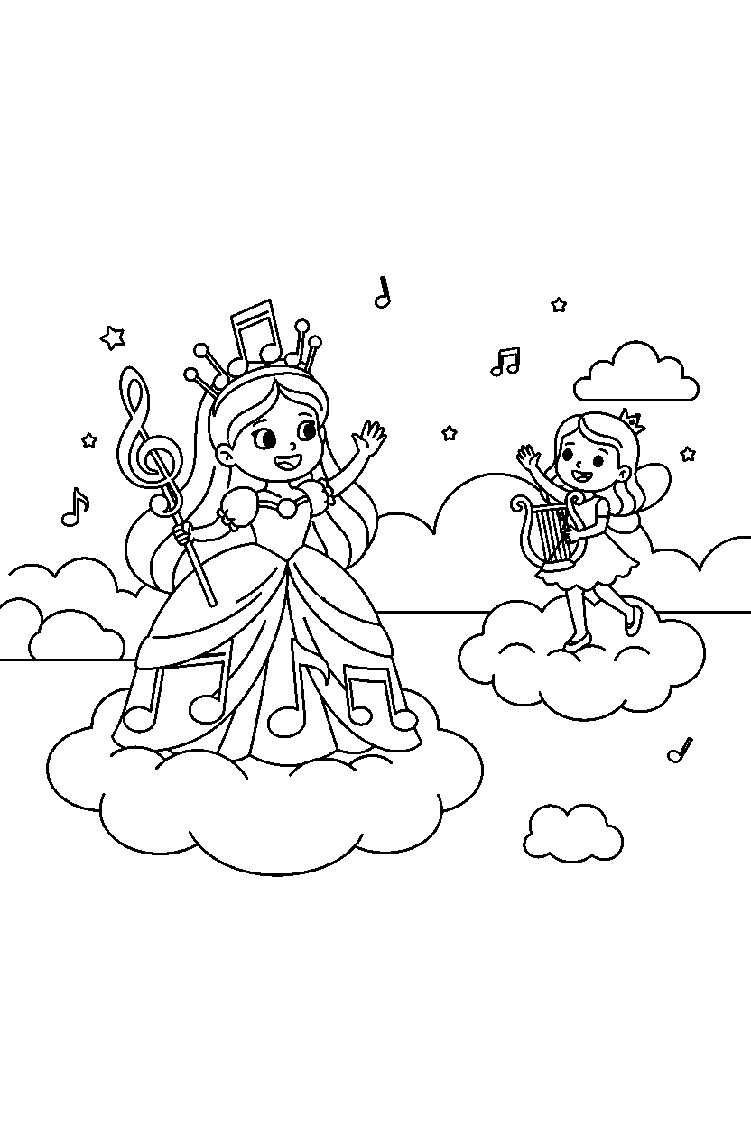 music princess waving to a friend in a cloud kingdom line art