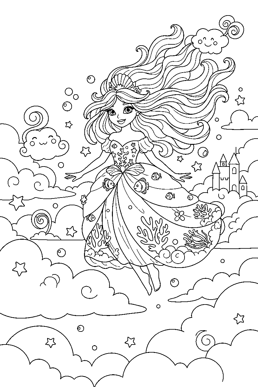 ocean princess exploring happily in a cloud kingdom line art