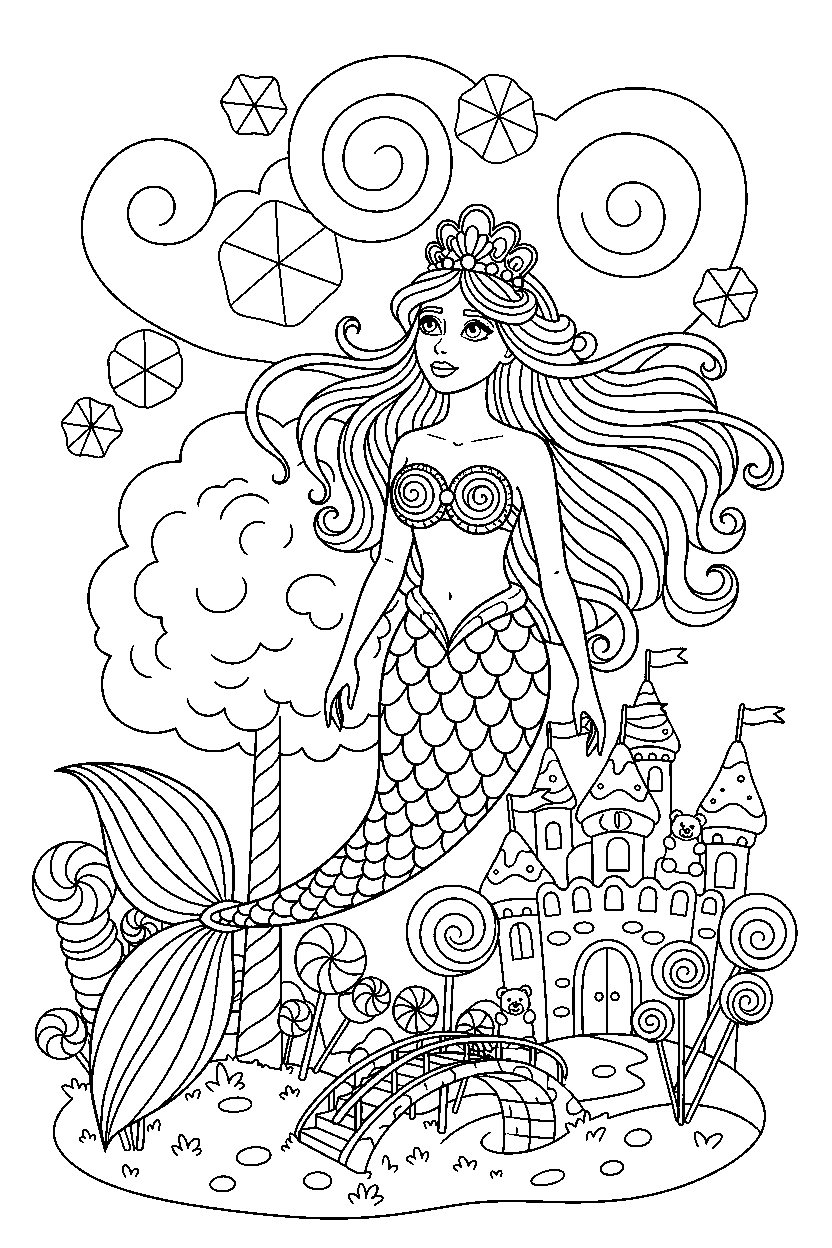 ocean princess looking at the sky in a candy kingdom line art