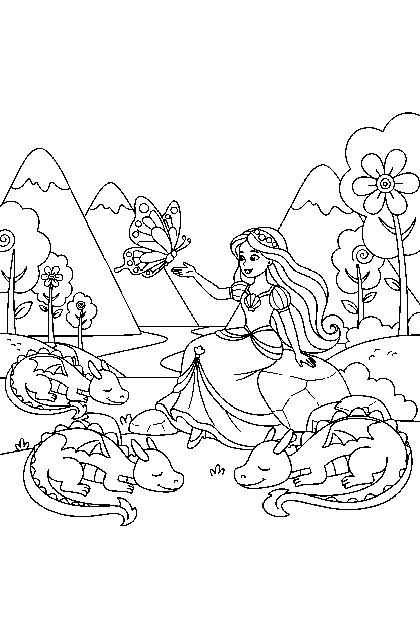 ocean princess playing with a butterfly in a dragon valley line art