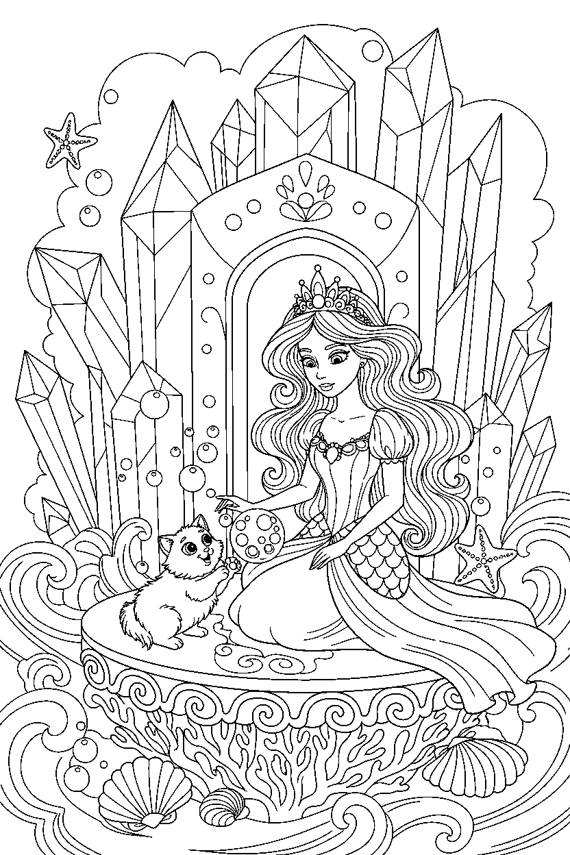 ocean princess playing with a kitten in a crystal palace line art