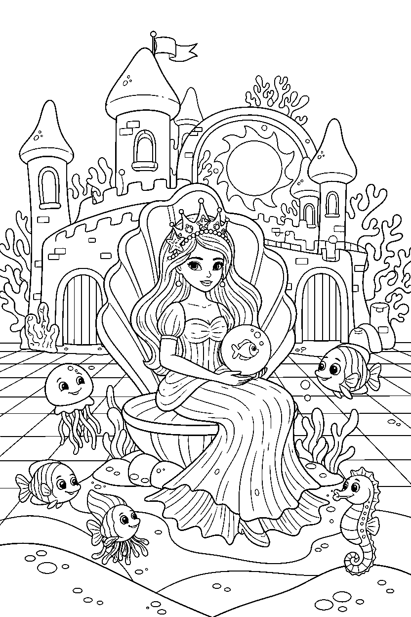 ocean princess sitting peacefully in a magical kingdom square line art