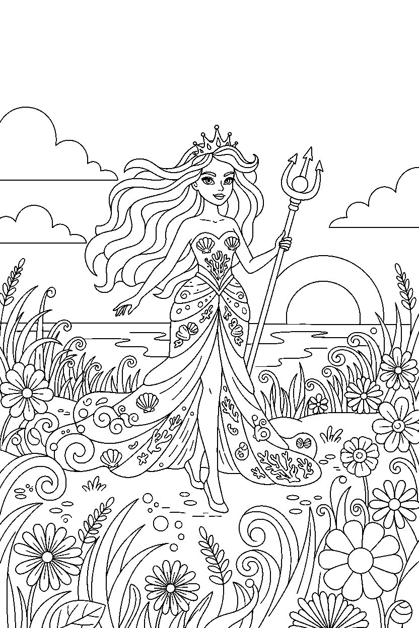 ocean princess walking proudly in a spring meadow line art
