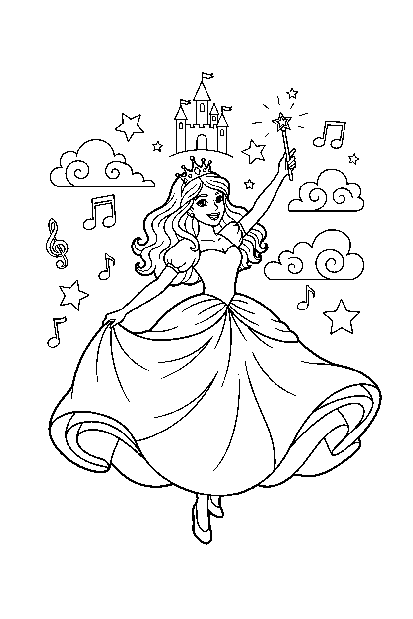 party princess dancing happily in a magic kingdom line art
