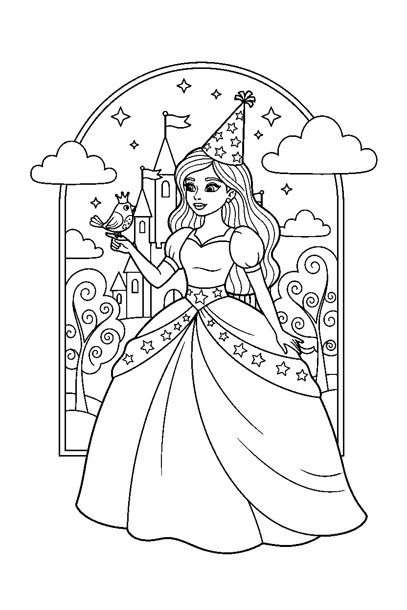 party princess feeding a bird in a magic kingdom line art