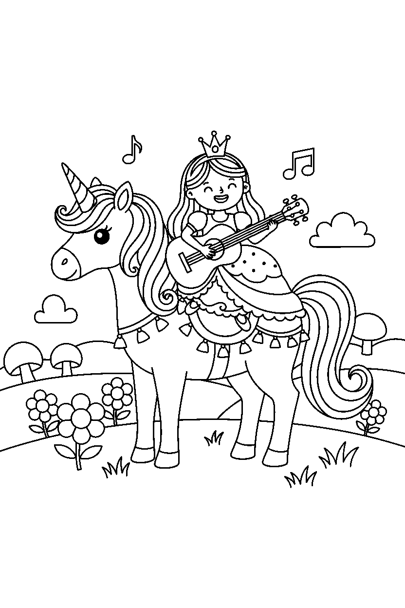 party princess playing music in a unicorn meadow line art