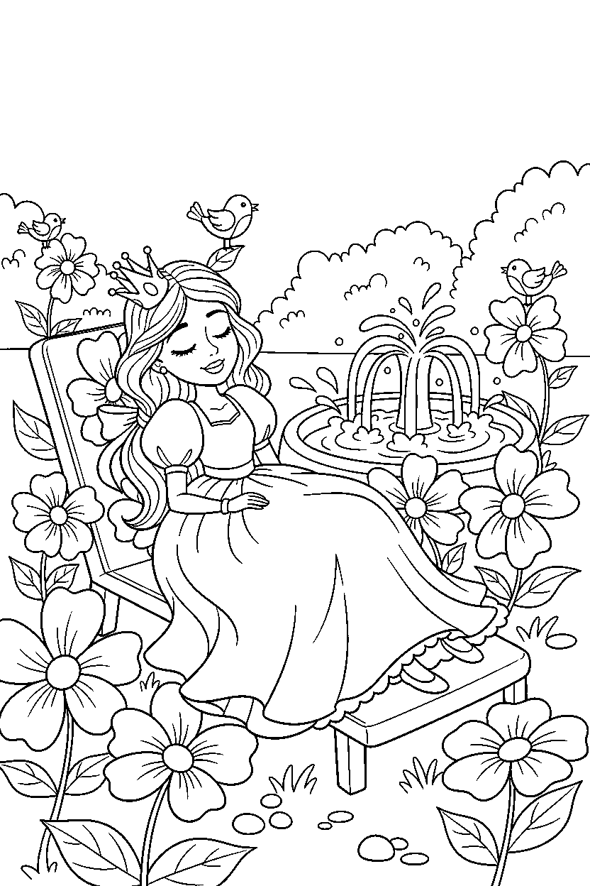 party princess relaxing peacefully in a flower garden line art