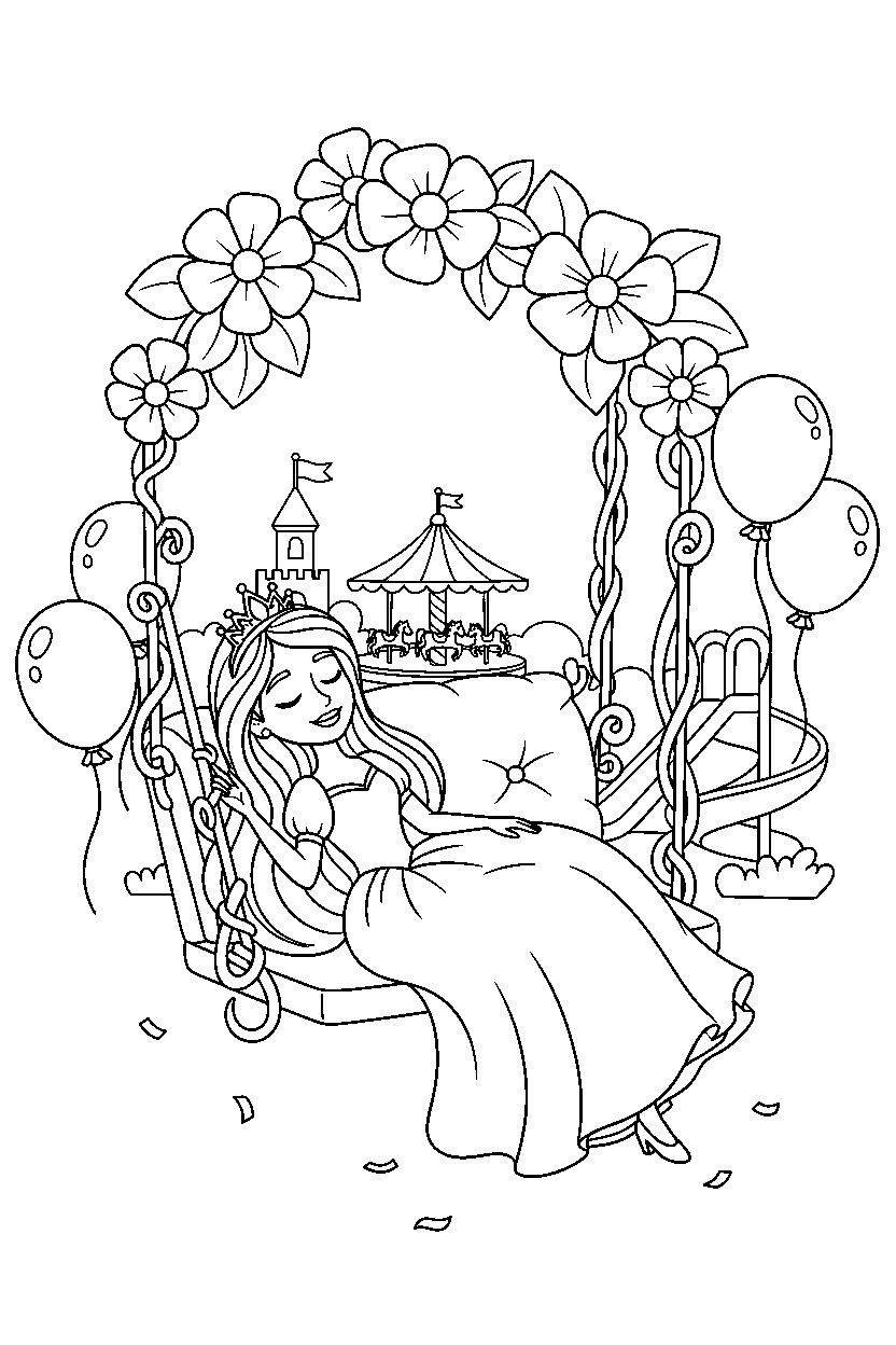 party princess relaxing peacefully in a royal playground line art