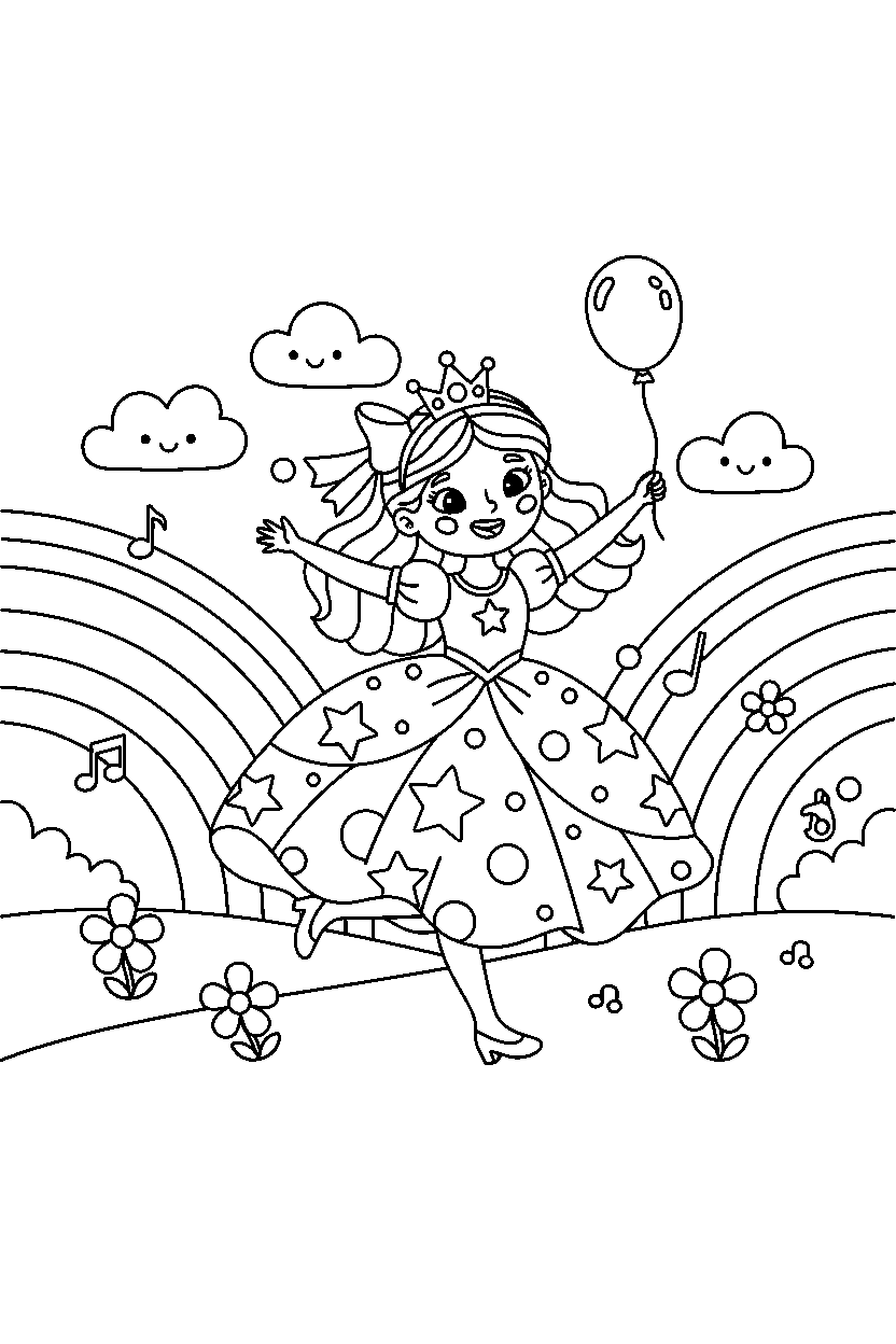 party princess running happily in a rainbow valley line art