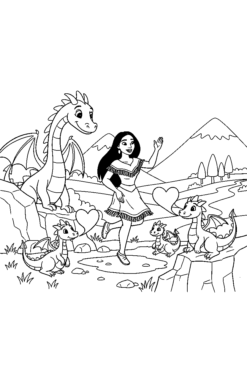 pocahontas princess exploring happily in a dragon valley line art