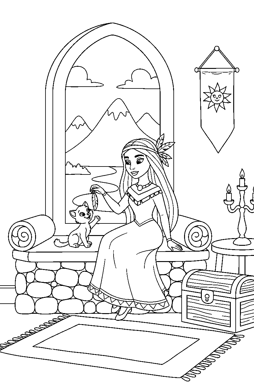 pocahontas princess playing with a kitten in a princess tower room line art