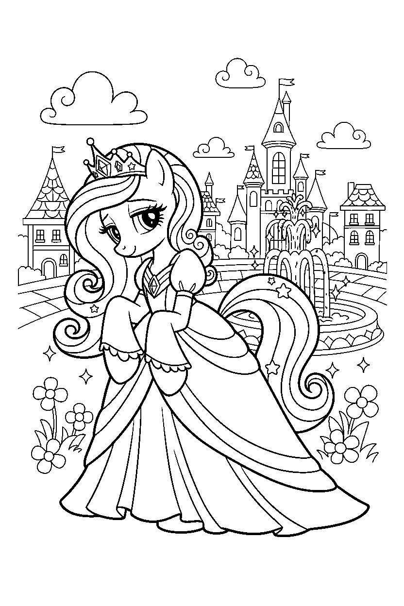 pony princess curtsying politely in a magical kingdom square line art