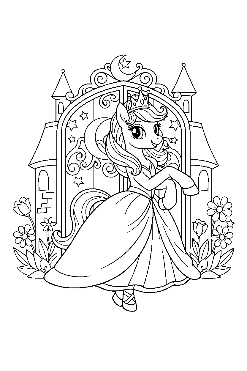 pony princess dancing gracefully at an enchanted castle gate line art