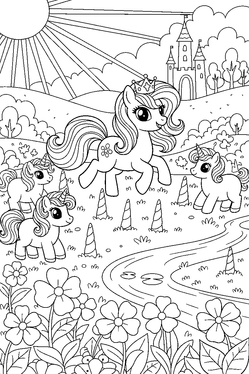 pony princess exploring happily in a unicorn meadow line art