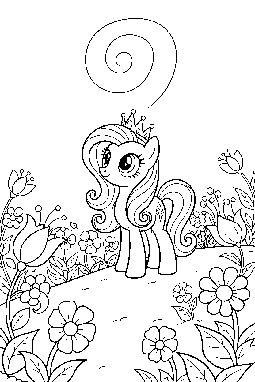 pony princess looking at the sky in a magic flower field line art