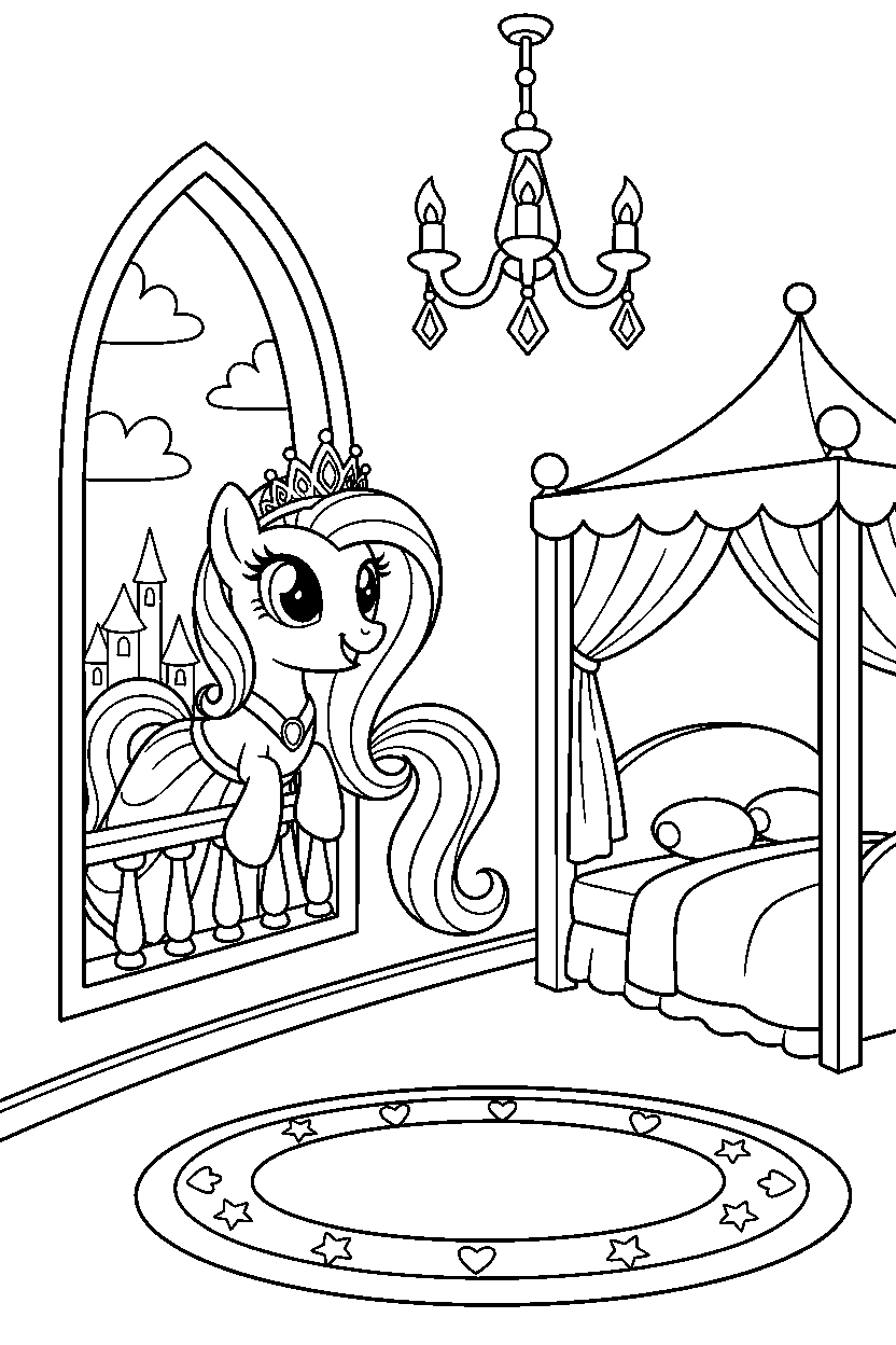 pony princess looking happily in a princess tower room line art