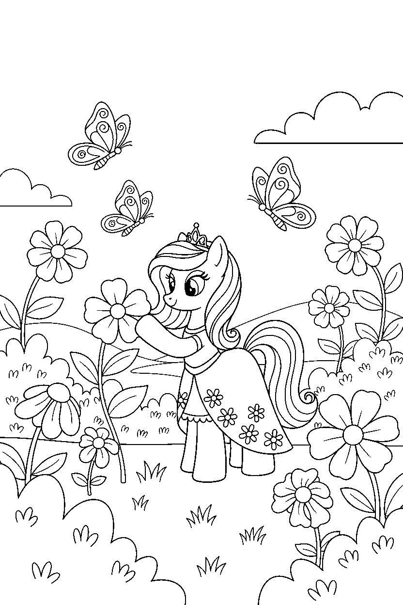 pony princess picking a flower in a butterfly garden line art