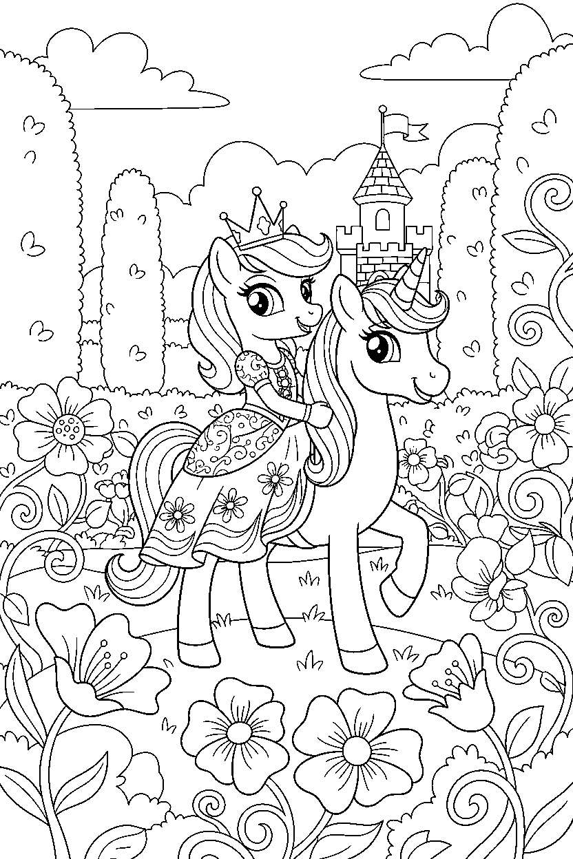 pony princess riding happily in a secret royal garden line art