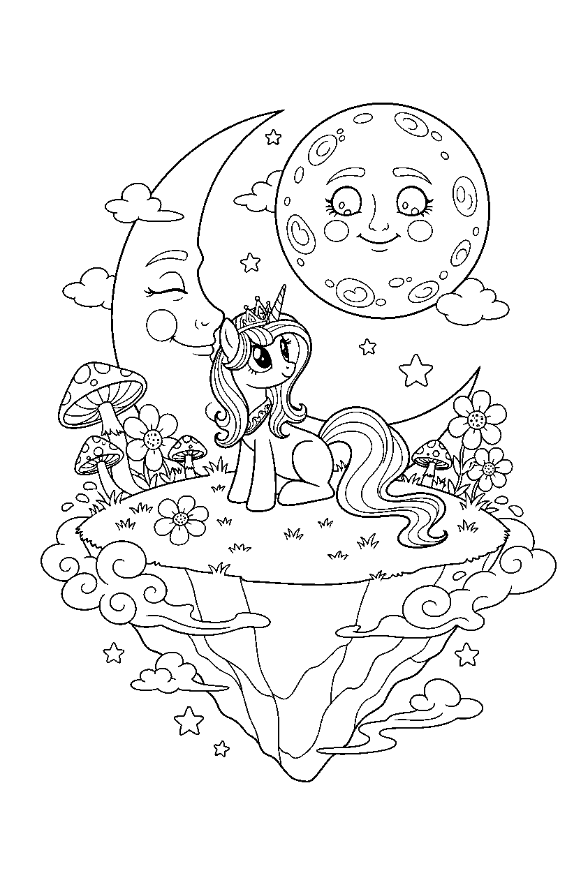 pony princess watching the moon on a magical island line art
