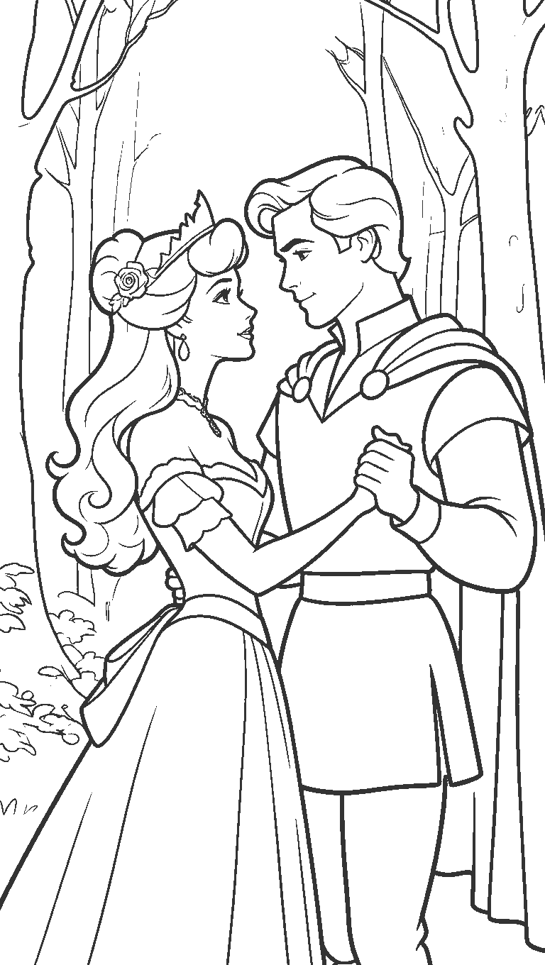 princess aurora and prince phillip romantic dance in the enchanted forest line art
