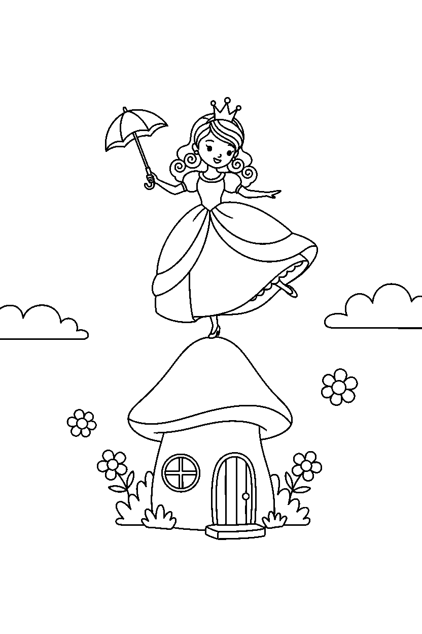 princess balancing in small house line art