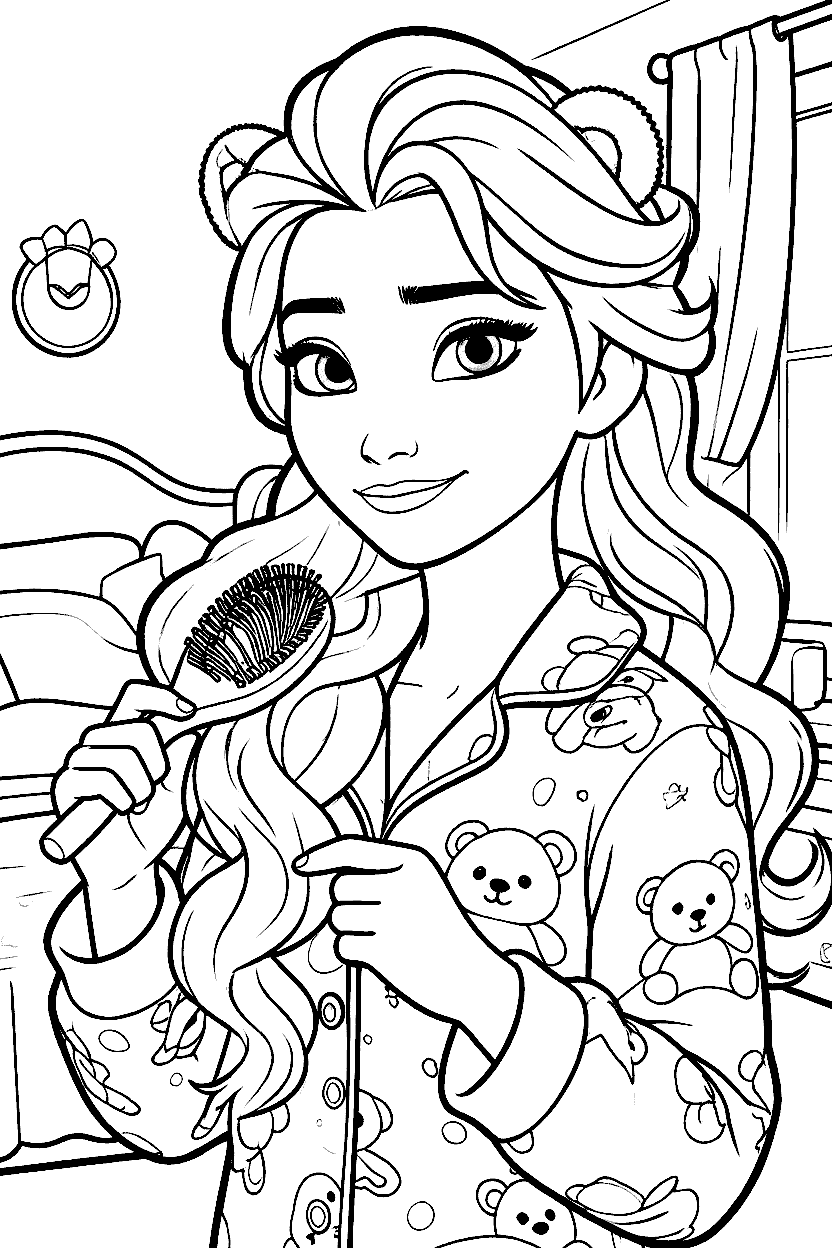 princess elsa brushing hair in teddy bear pajamas line art