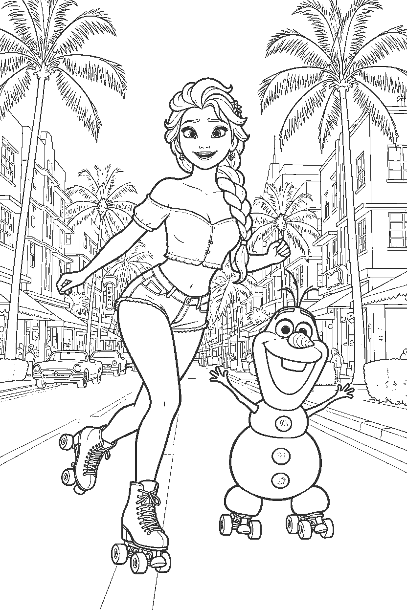 princess elsa roller skating in a sunny city line art