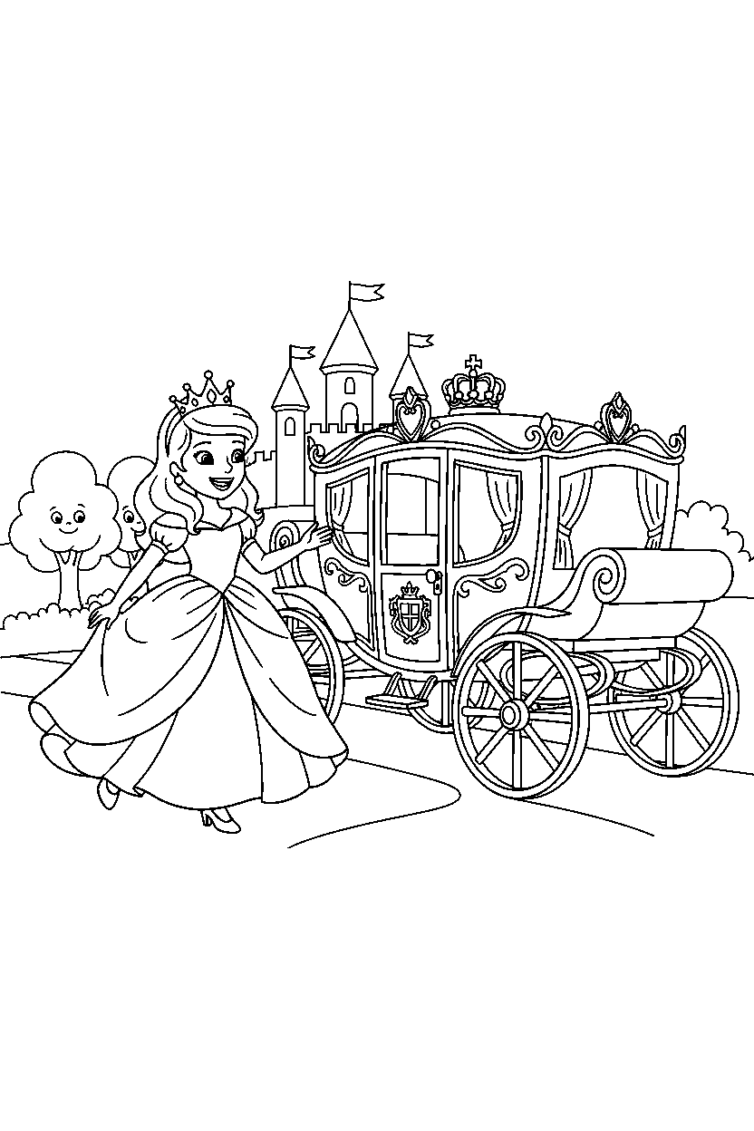 princess exploring happily near a royal carriage line art