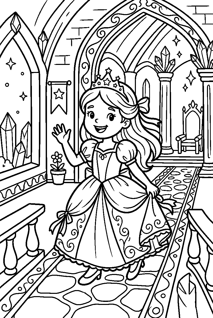 princess exploring in crystal castle line art