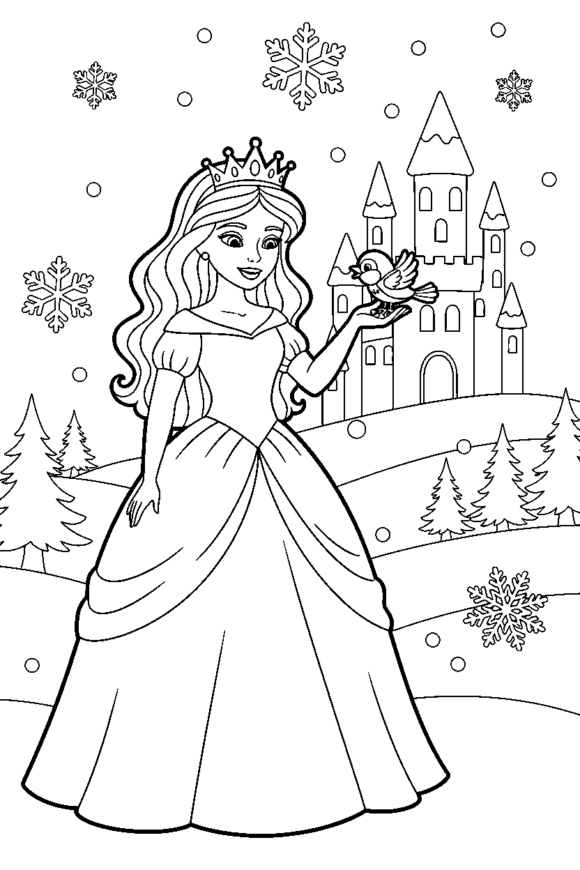 princess feeding a bird in a snowy kingdom line art
