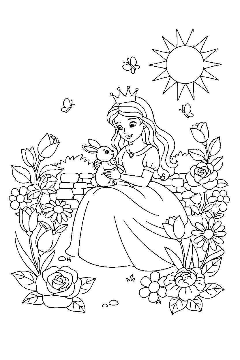 princess helping an animal in a flower garden line art