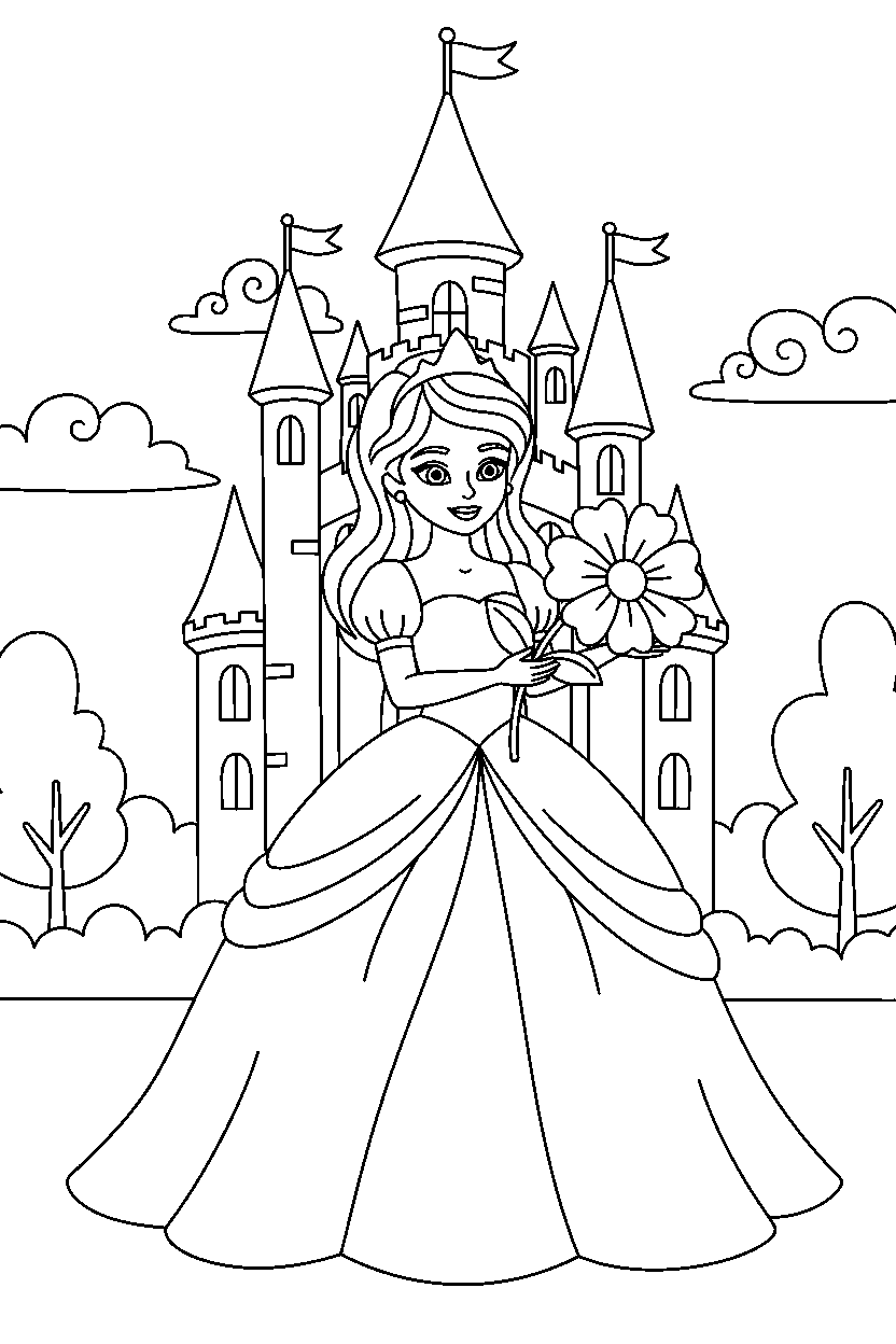 princess holding a flower in a fairy tale castle line art
