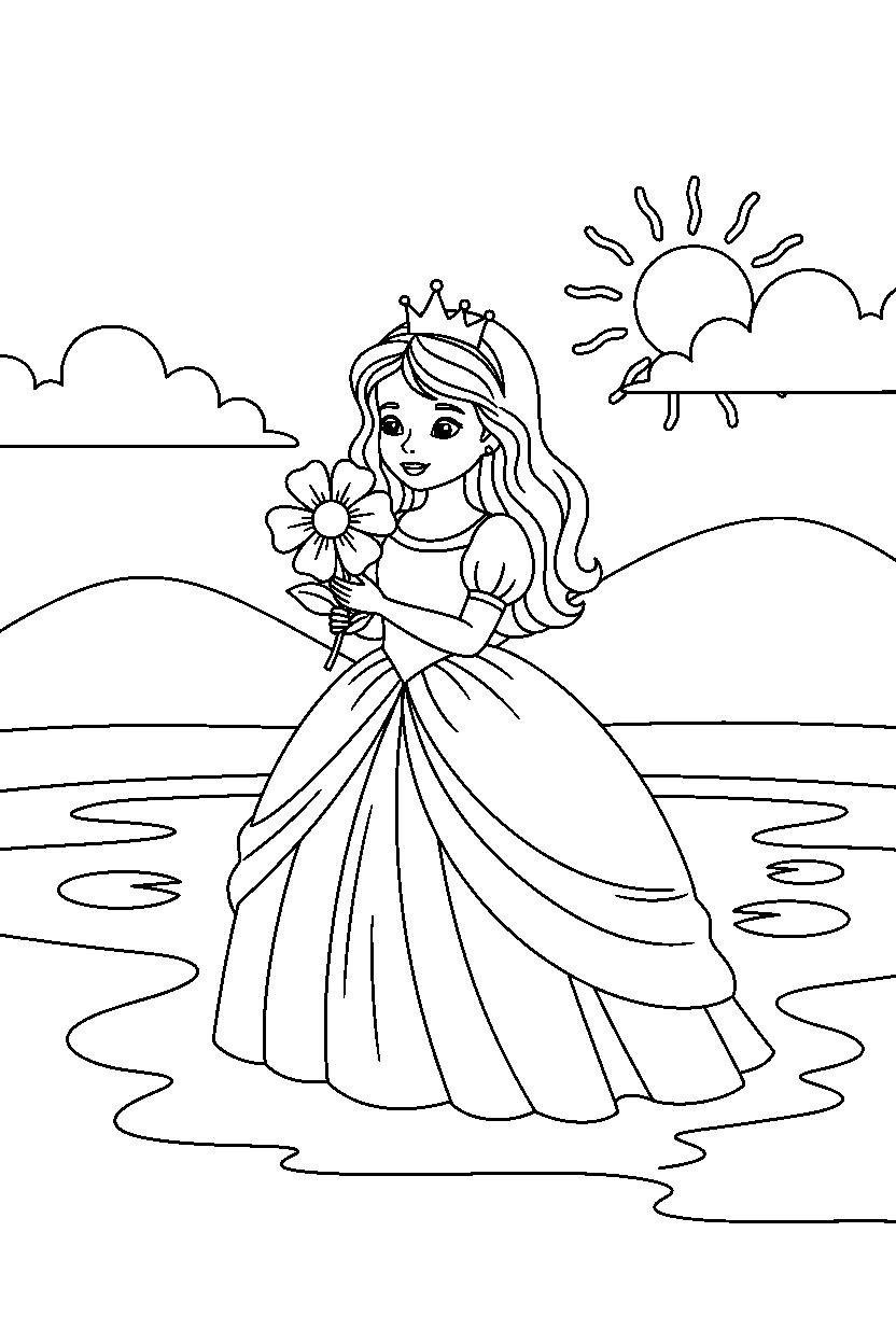 princess holding a flower near a peaceful lake line art