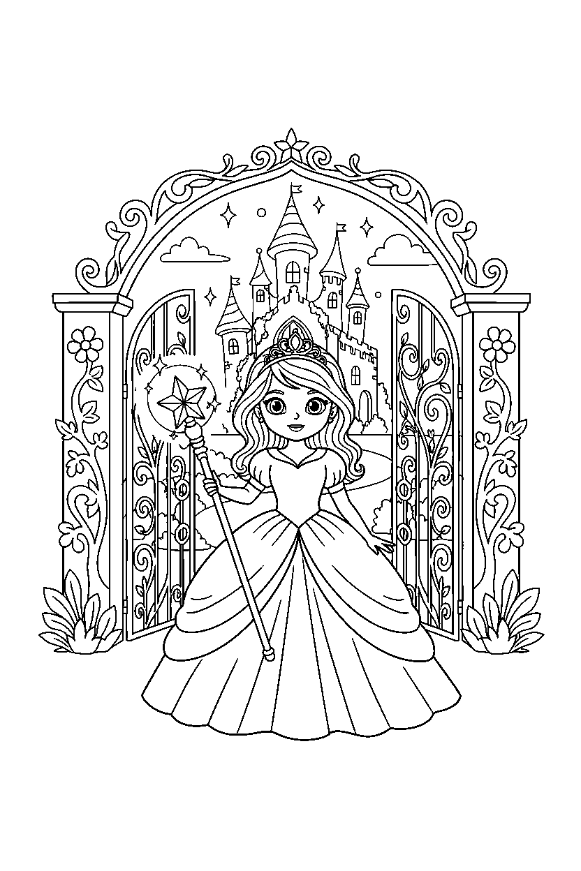 princess holding a magic item at an enchanted castle gate line art