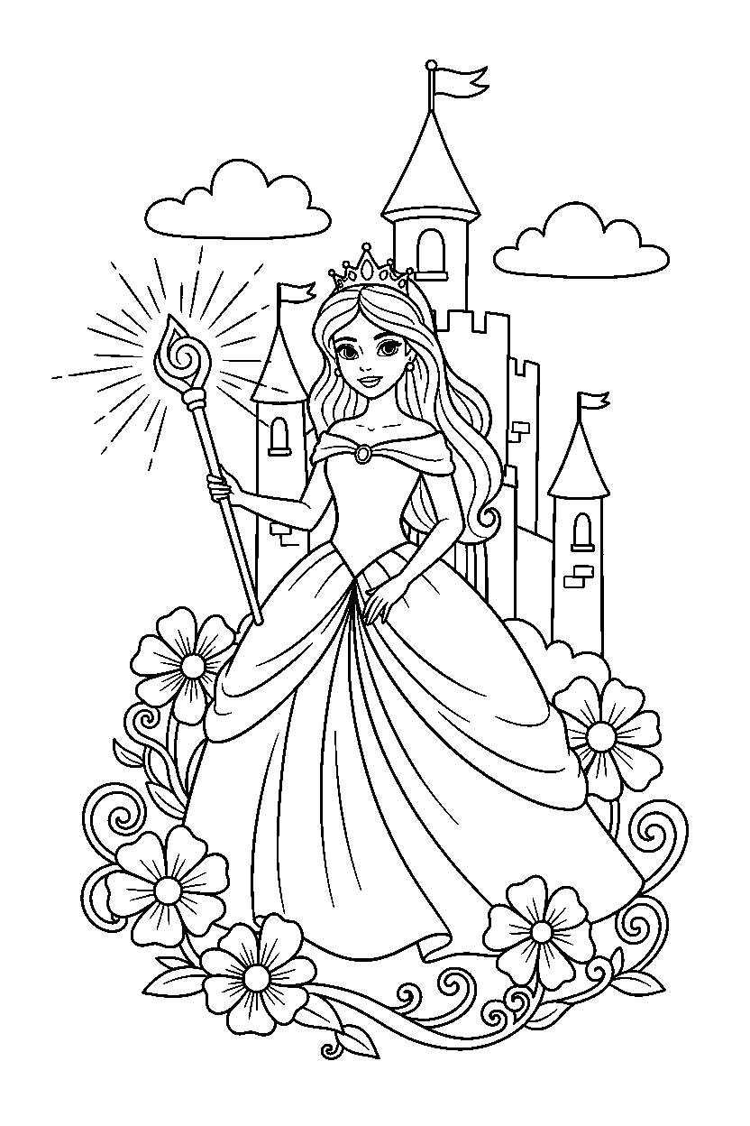 princess holding a magic item in a fairy tale castle line art