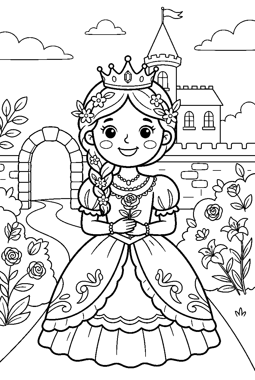 princess in castle garden line art