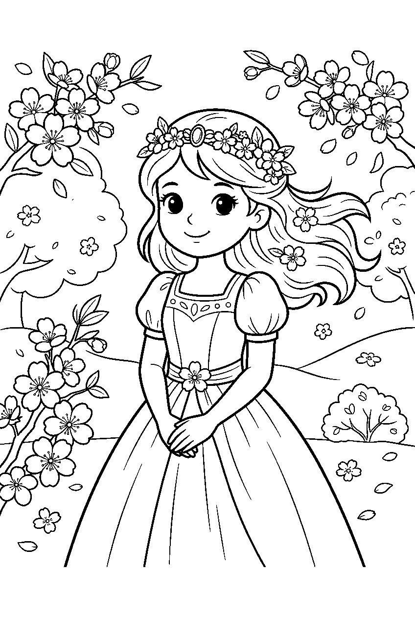 princess in cherry blossom garden line art