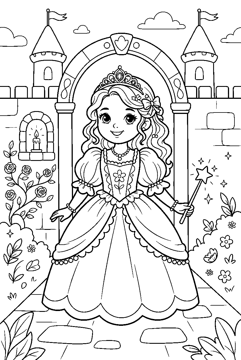 princess in enchanted castle line art