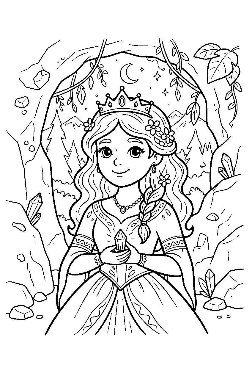princess in hidden cave line art