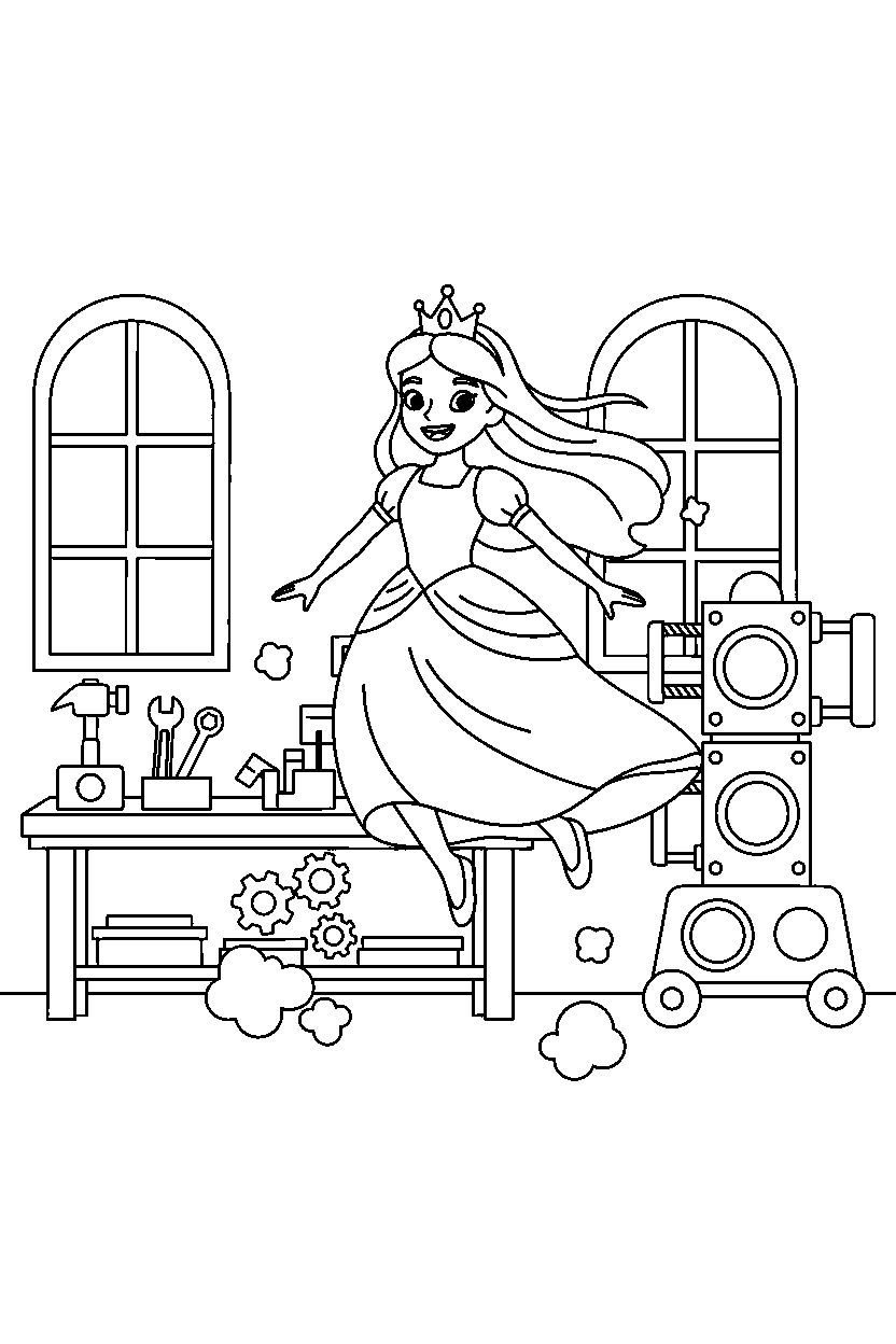 princess jumping in workshop line art