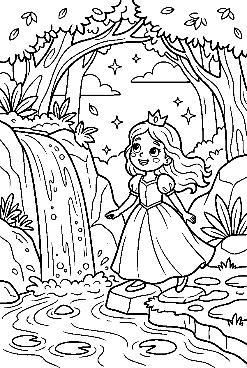 princess looking around in magical waterfall line art