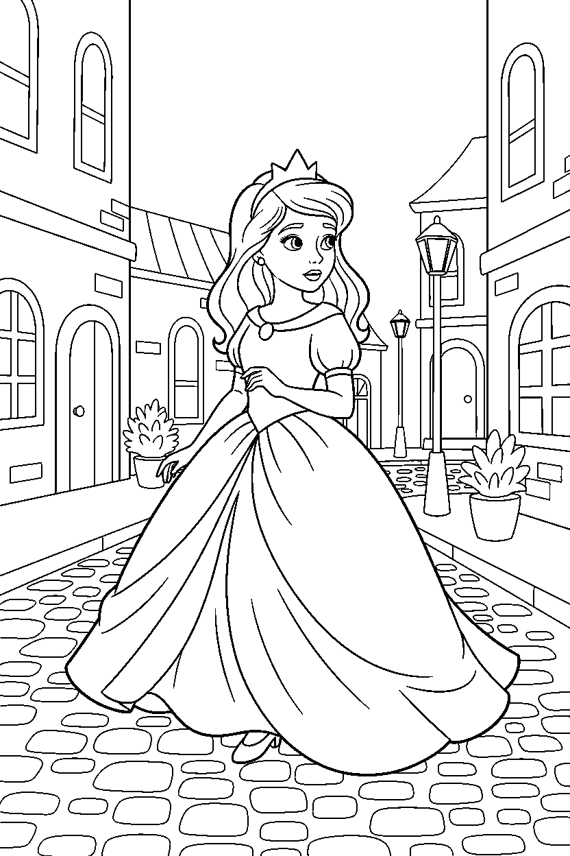 princess looking around on street line art